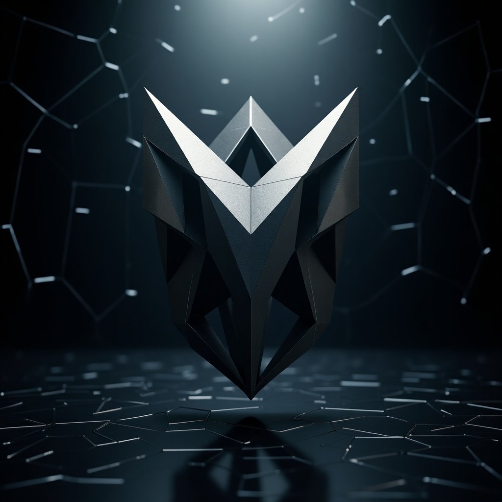 The image features a sleek, metallic three-dimensional emblem that resembles an angular prism. This emblem is suspended in the center of a dark, reflective environment, creating a striking visual effect. Surrounding the emblem are blocks of interconnected networks, emphasizing a theme of connectivity and modern design. The lighting highlights the sharp edges and facets of the emblem, adding depth to the composition. Overall, the image conveys a sense of advanced technology and innovation.