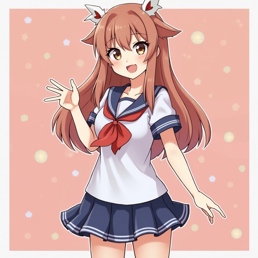 Anime girl waving, wearing a Japanese school uniform, peach background