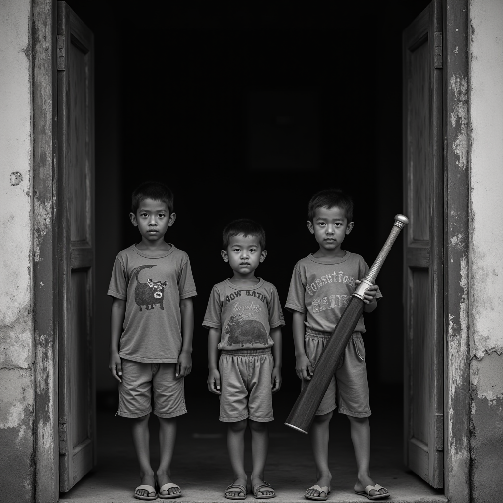 Three young boys stand in a doorway, with one holding a bat, evoking a sense of childhood camaraderie.