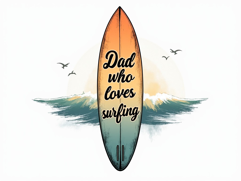 Surfboard with 'Dad who loves surfing' text, ocean waves, sunset, seagulls.