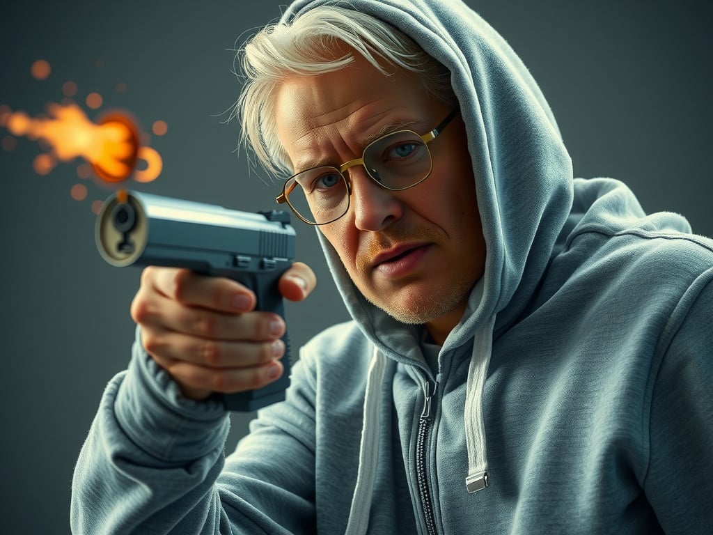 This image depicts a man in a grey hoodie and glasses aiming a pistol directly at the viewer. The gun is firing, with a vivid flame emerging from the barrel, adding a dynamic sense of movement and action. The background is a muted grey, emphasizing the dramatic and intense mood of the scene.