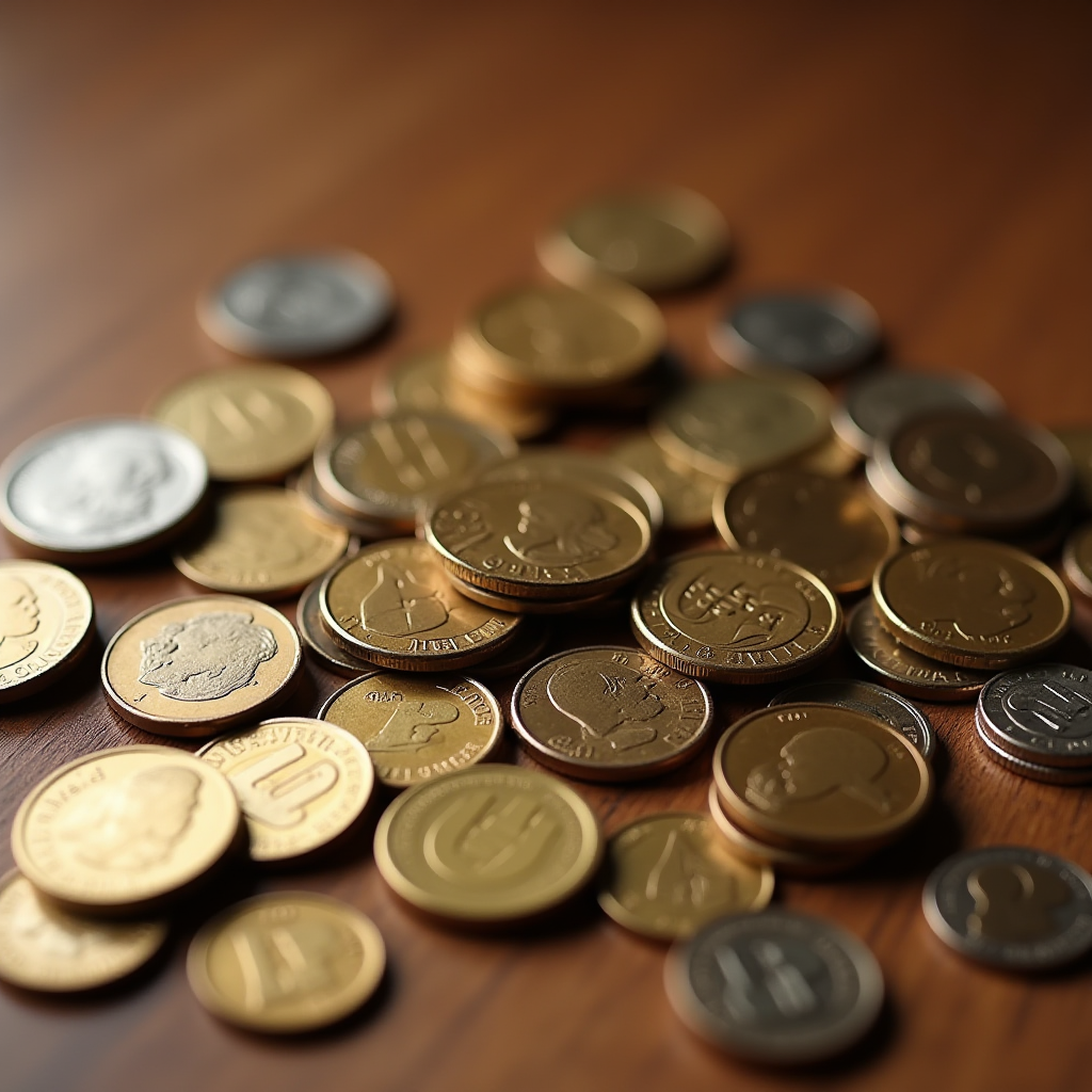 A pile of assorted gold and silver coins are spread out on a wooden table.