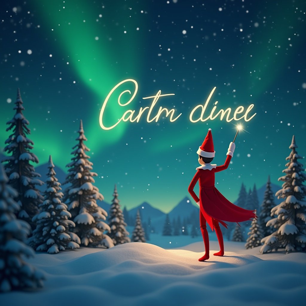 An elf on the shelf is facing the magical night sky with his back to the viewer. He is using a wand to elegantly write 'Lana' into the air surrounded by northern lights. The scene is set in a snowy landscape with evergreen trees. The elf is wearing a classic red outfit with a pointed hat, adding a festive feel to the image. The background is filled with a magical Christmas atmosphere, featuring bright colors and a sense of wonder.