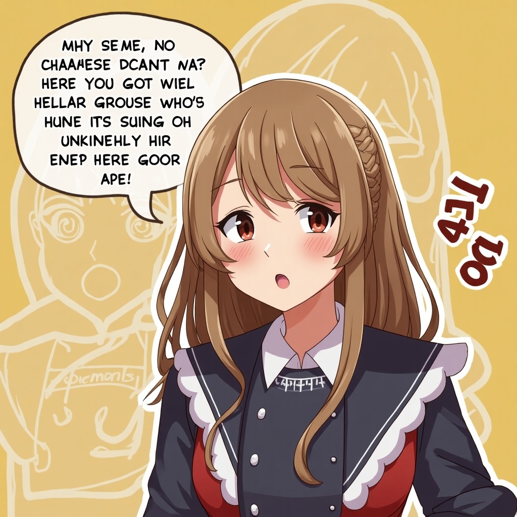 This image features a cute anime girl with long brown hair and a charming expression. She seems to be speaking expressively, possibly in a light-hearted or comedic context. The background is a simple, warm tone that emphasizes her features. The character is dressed in a stylish outfit with an interesting color scheme. This illustration is characteristic of anime art, appealing to fans of the genre.