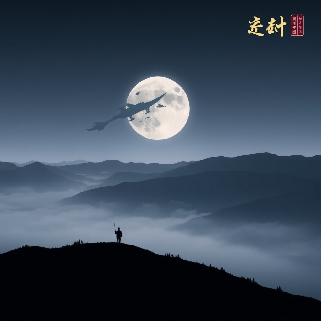 A lone warrior with a spear stands on a misty mountain, silhouetted against a full moon with a dragon flying overhead.