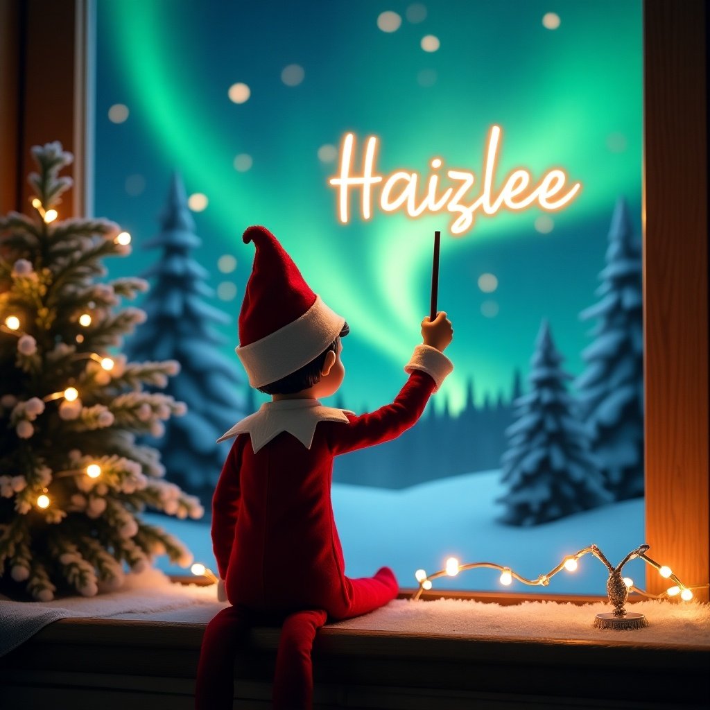 An enchanting Christmas scene featuring an elf on the shelf, who is facing the sky with his back to the viewer. The elf, dressed in red and white, wields a magic wand, writing 'Haizlee', in a glowing script above him. The backdrop is adorned with vibrant northern lights, adding a magical ambiance. The scene is festive, portraying the spirit of Christmas with a whimsical twist. The elf's position and action create a sense of wonder and excitement that captures the joy of the holiday season.