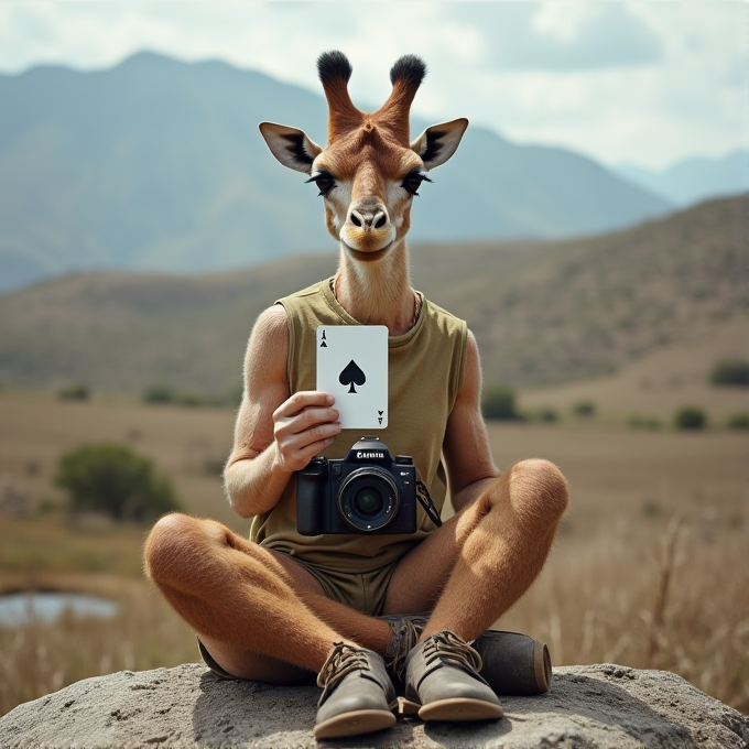 A person with a giraffe's head holds an ace of spades card while sitting cross-legged outdoors with a camera.