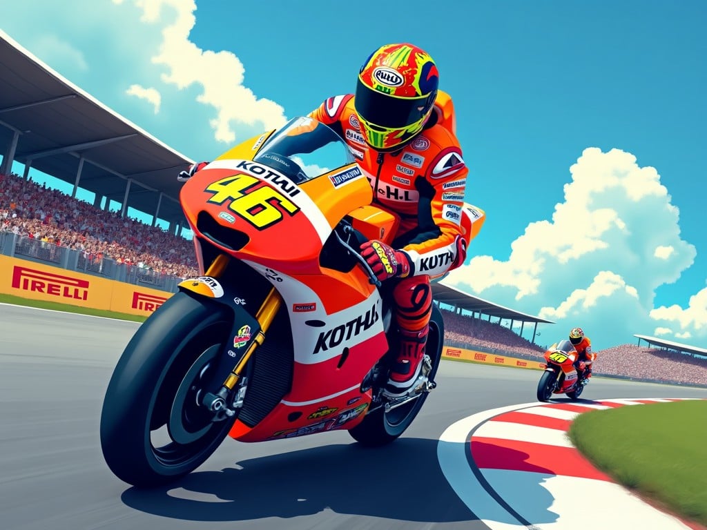 A vibrant digital illustration of a motorcycle race with two riders in action on a track. The foreground rider is prominently featured, wearing a colorful helmet and suit, on a bright orange bike marked with the number 46. The background rider follows on a similar bike. The racetrack is surrounded by grandstands filled with spectators, and a bright, clear sky with fluffy clouds tops the scene.