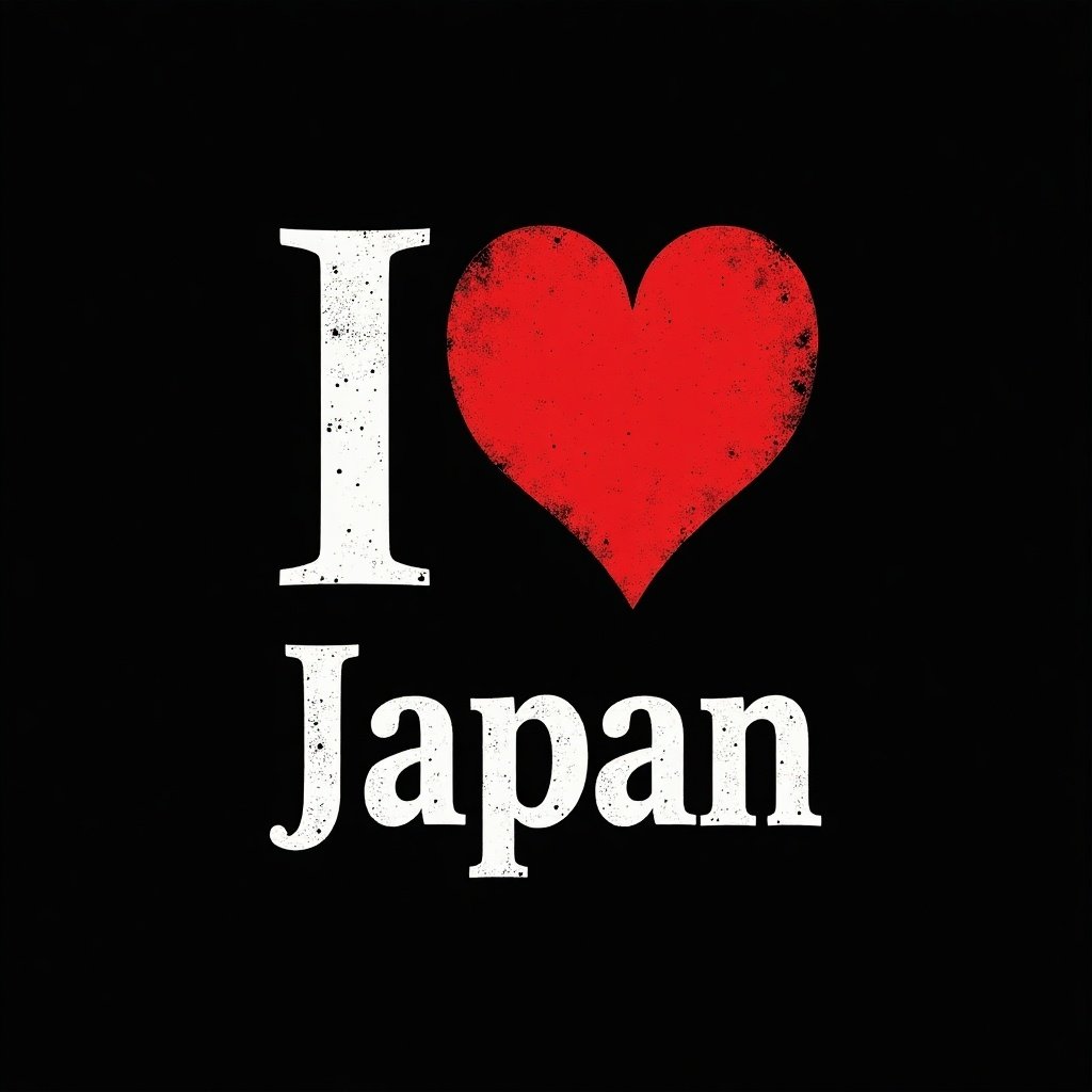 This is a vintage-style T-shirt design featuring the phrase 'I ❤️ Japan'. The text is centrally aligned, with '私' and '日本' in white and a red heart symbol in between. The design has a slightly distressed texture, giving it a worn-in look. Perfect for enthusiasts and travelers who have a love for Japan. The background of the design is black, enhancing the contrasting colors of the text. The overall look communicates a strong sense of pride and affection for Japanese culture.