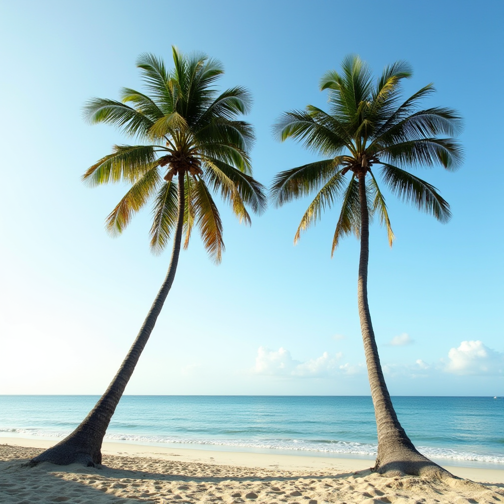 Two palm trees stand tall on a sandy beach, with calm blue ocean waves and a clear sky in the background.