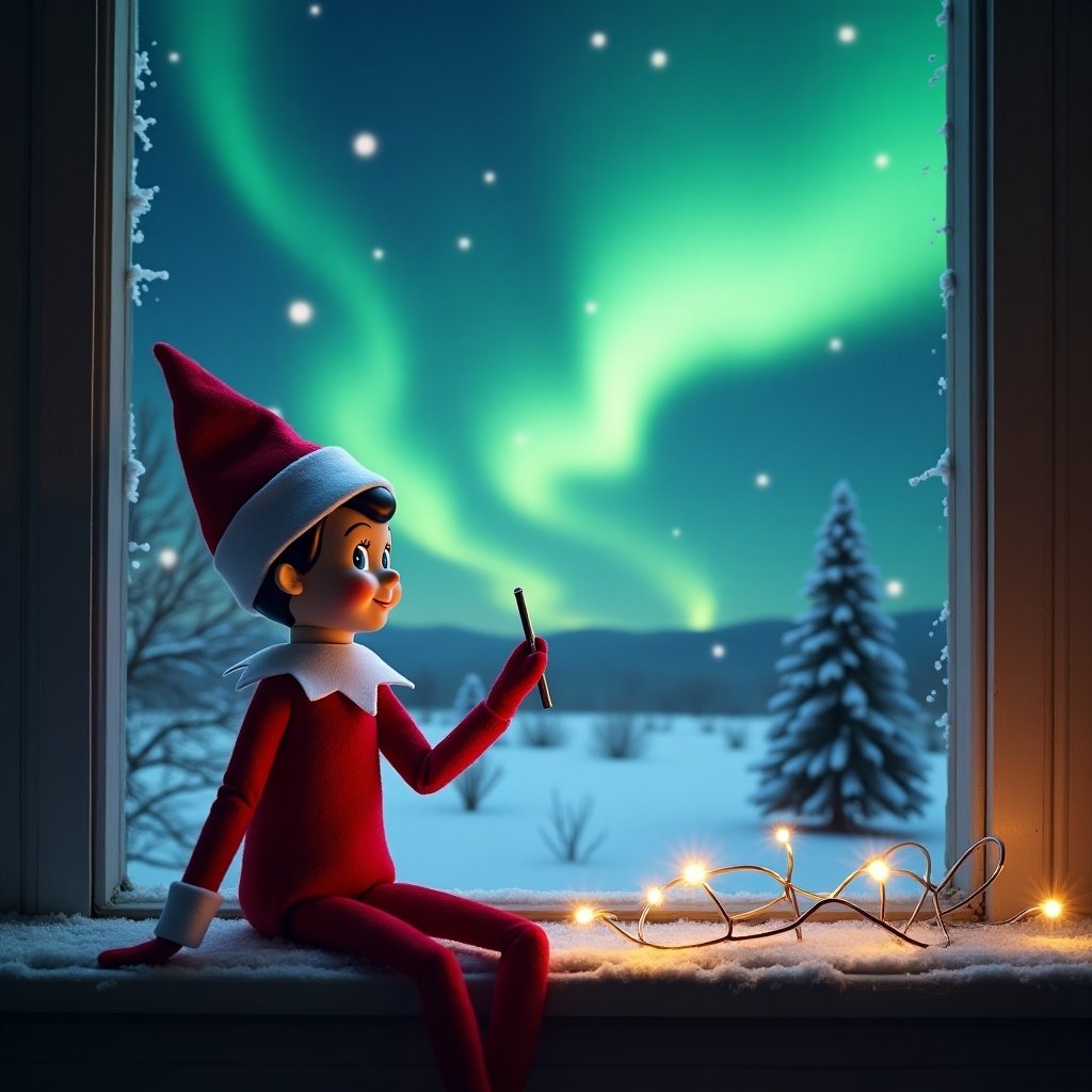 An elf is sitting by a window, looking out at a beautiful display of northern lights in the night sky. The elf, dressed in traditional Christmas colors, holds a writing tool as if taking notes. Outside the window, a snowy landscape adds to the magical winter atmosphere. Glowing fairy lights are draped over the window sill, enhancing the cozy feeling of the scene. In the sky, the vibrant colors of the aurora borealis dance, creating a breathtaking backdrop. The mood is festive, capturing the excitement of the holiday season.