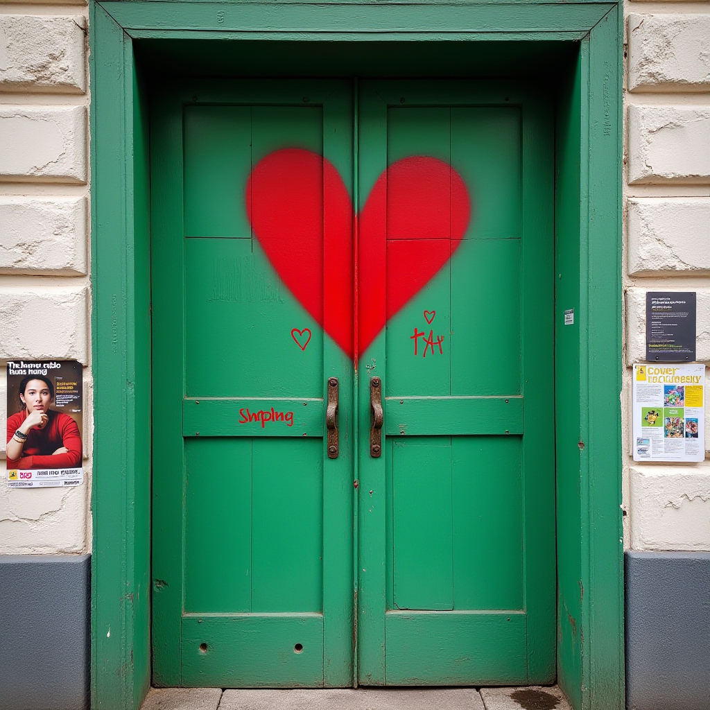 A large red heart is spray-painted on closed green doors with posters on the walls beside them.