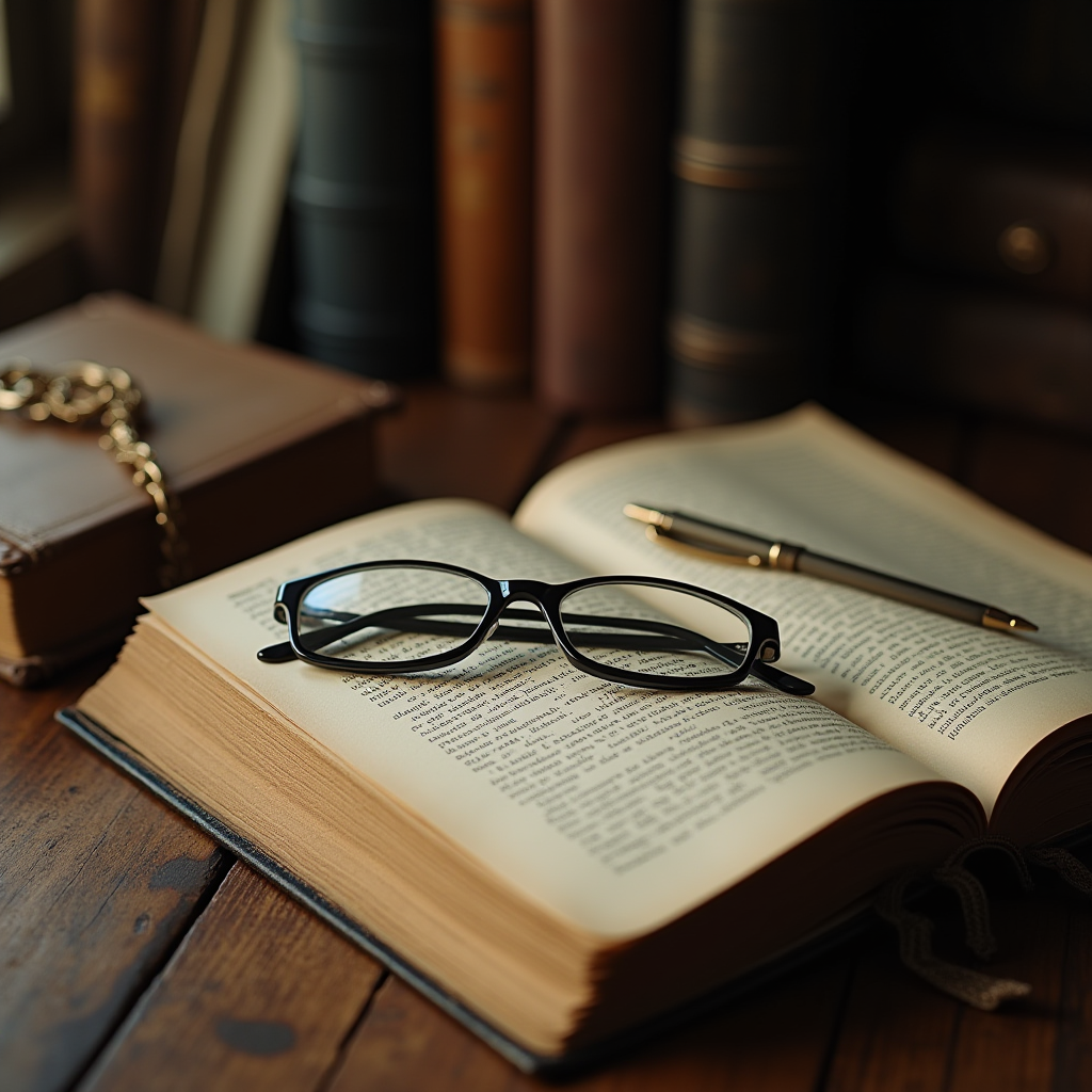 A pair of glasses and a pen rest on an open book, surrounded by other books on a wooden table.