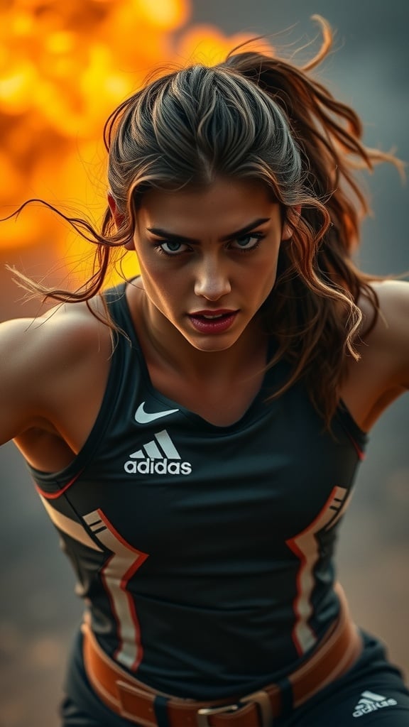 A dynamic portrait of a female athlete captured at eye level, exuding intense focus and determination. She is dressed in sportswear against a dramatic background with flames, suggesting action and passion. The vivid colors and her intense expression create a sense of energy and competitive spirit.