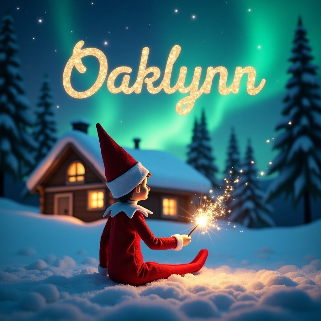 An elf on the shelf is sitting on the snowy ground, turned away from the viewer, gazing up at the night sky. He holds a shimmering magic wand that illuminates the surrounding area. Above him, the name 'Oaklynn' sparkles elegantly in the sky. The backdrop features vibrant northern lights that enhance the magical ambiance. A cozy cabin is visible in the distance, completing this enchanting winter scene.