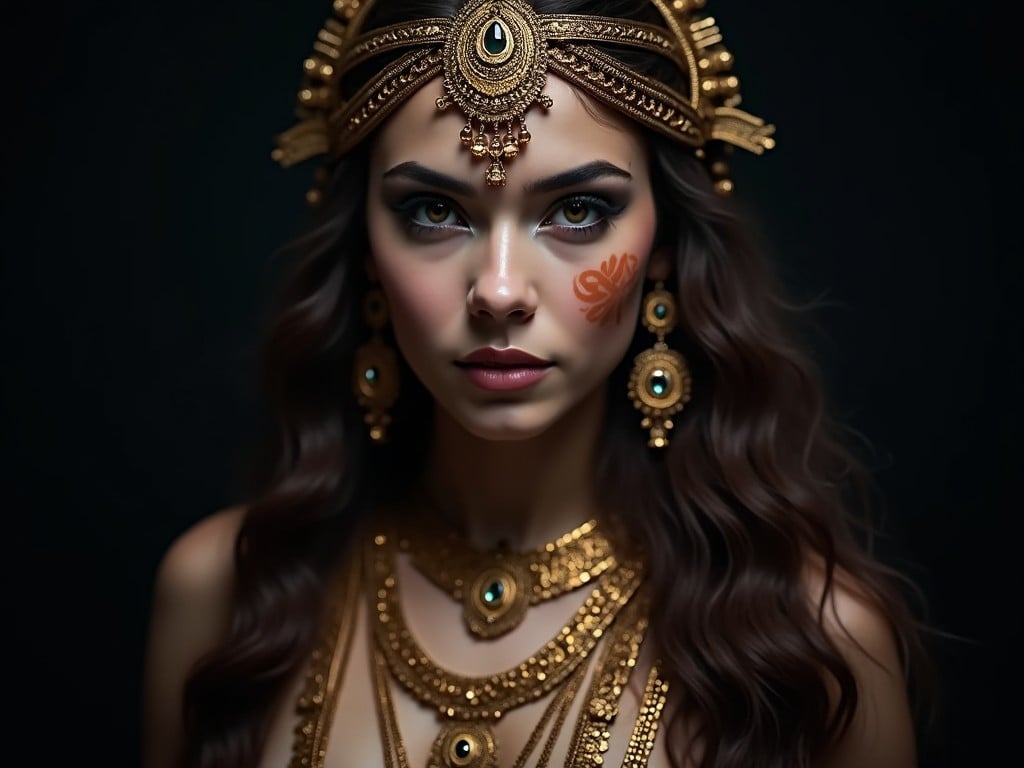 The image depicts a divine figure with a striking appearance against a dark backdrop. The person has long, flowing hair adorned with gold accessories. They wear intricate gold ornaments, including a headpiece and earrings, conveying a sense of regality and spirituality. The person's expression is calm yet powerful, with a painted mark on the face enhancing the mystical aura. The lighting highlights the details of the jewelry and the intensity of the gaze, creating a sense of reverence and awe.