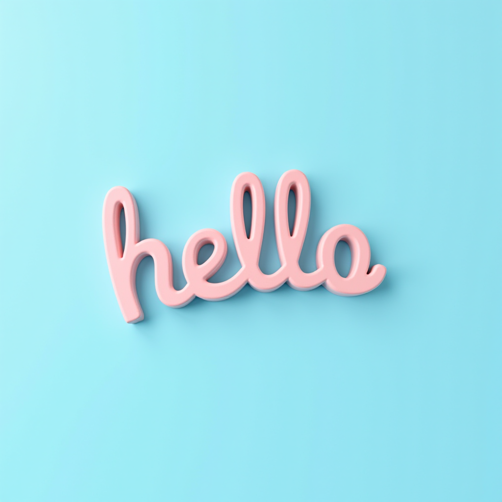 The word "hello" is written in pink letters on a light blue background.