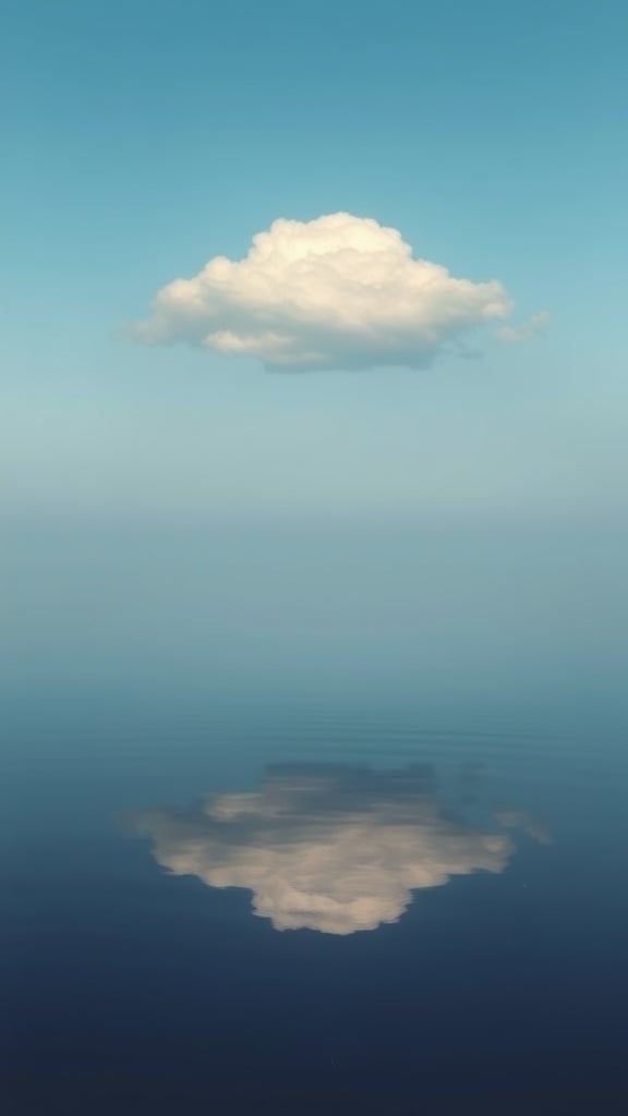 A single, fluffy white cloud floats in the sky against a backdrop of serene blue. Below, the cloud casts a perfect reflection on a calm, glass-like water surface, creating a symmetrical and peaceful composition. The simplicity and tranquility of the scene evoke a sense of calm and introspection.