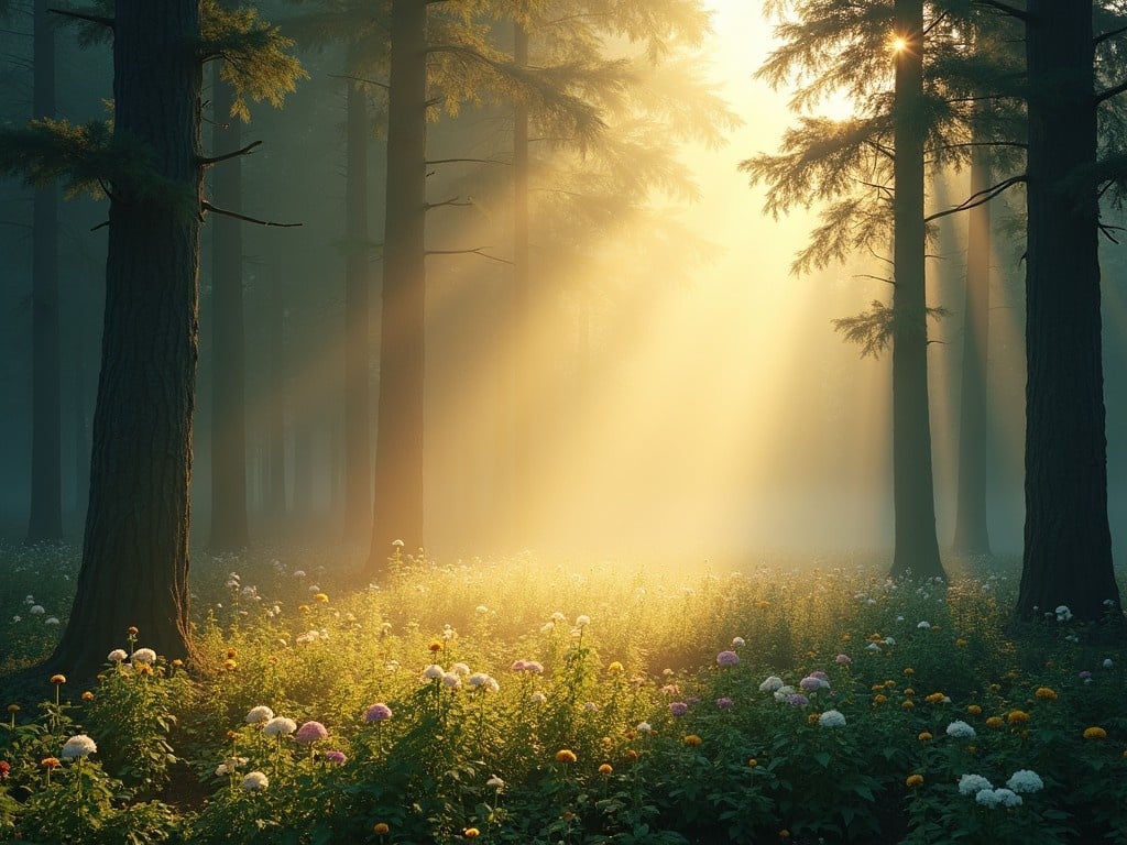 The image captures a serene forest scene bathed in the soft, golden glow of morning sunlight streaming through the tall, lush trees. The light creates a magical ambiance over the flowers scattered across the forest floor, casting gentle shadows and illuminating the mist in the background. The calmness and beauty of the environment evoke feelings of peace and wonder. The colors are vibrant, with a mix of greens, golds, and some floral hues. This scene represents the tranquility of nature and the beauty of a peaceful morning.