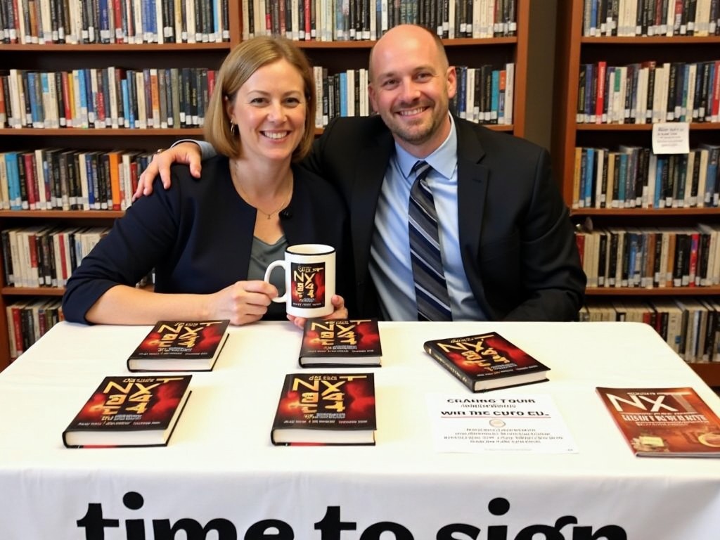 The image shows two individuals sitting at a table during a book signing event. The table is covered with a tablecloth that reads "time to sign" and is filled with copies of a book titled "NXT 24." The individuals, a woman and a man, are sitting behind the table, smiling at the camera. The table also contains promotional material, including a mug with "Team NXT" written on it, and a sign-up sheet with a chance to win a coffee cup. In the background, there are shelves filled with books, indicating a bookstore setting.