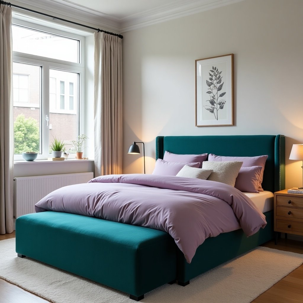 This image showcases a modern bedroom featuring a stylish teal green ottoman frame. The bed is dressed in a soft lilac purple bedding cover, enhancing the cozy atmosphere. Natural light streams through the large window, illuminating the room. Aside from the main bed, the decor includes a bedside table and some potted plants. The overall design combines comfort with contemporary style, creating an inviting space for relaxation.