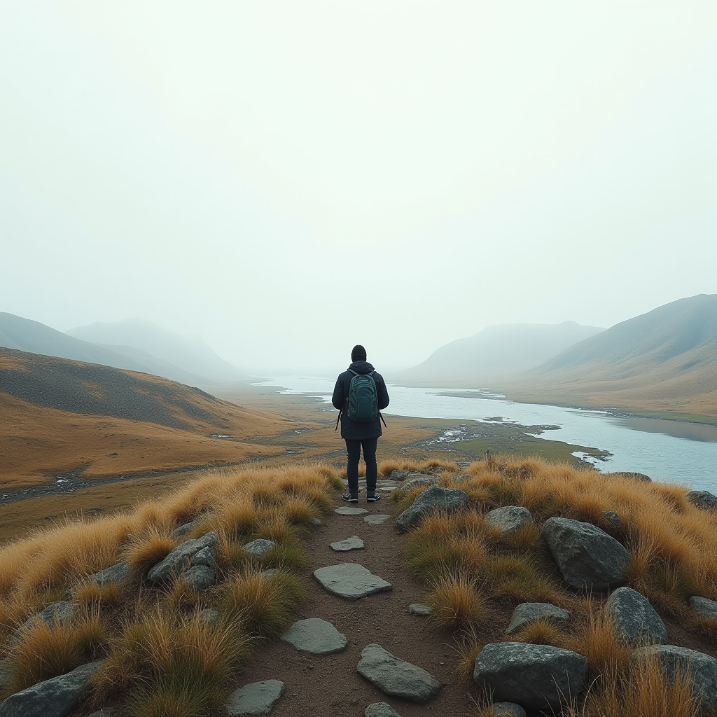 A lone person with a backpack stands on a rocky path overlooking a misty valley with a winding river and grassy hills.