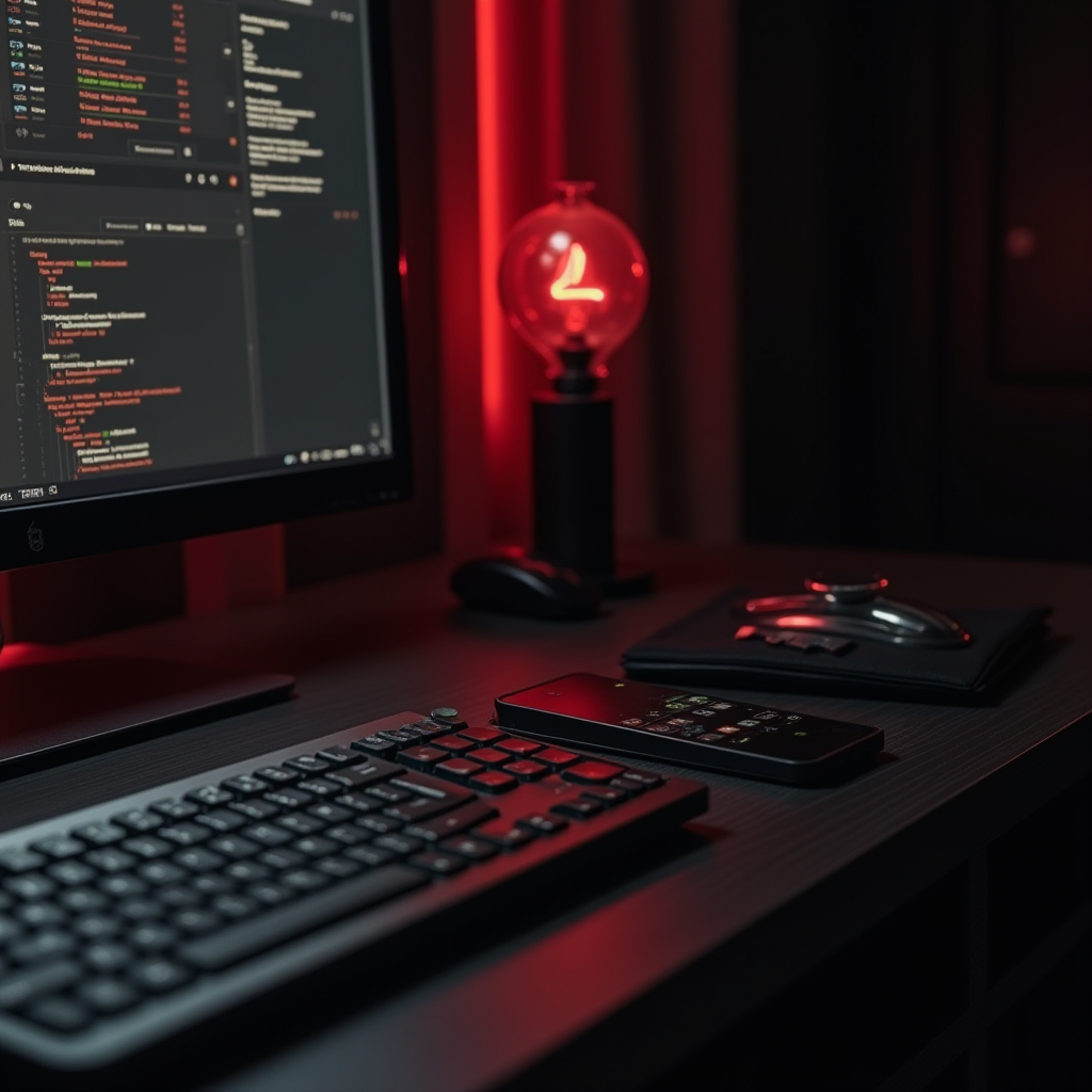 A dimly lit workspace highlighting programming code on a screen with red ambient lighting.