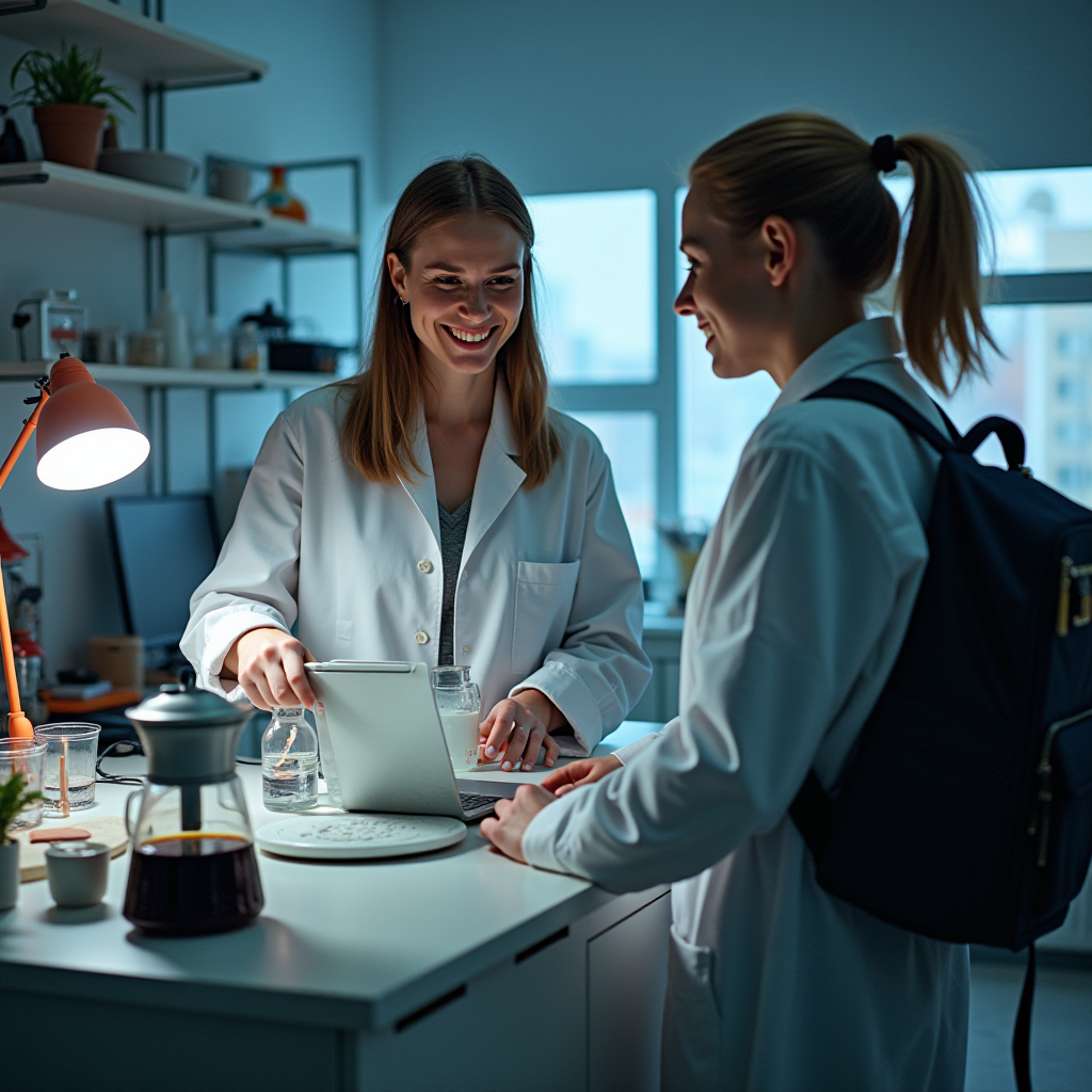 Two scientists in lab coats are having a discussion in a brightly lit laboratory.