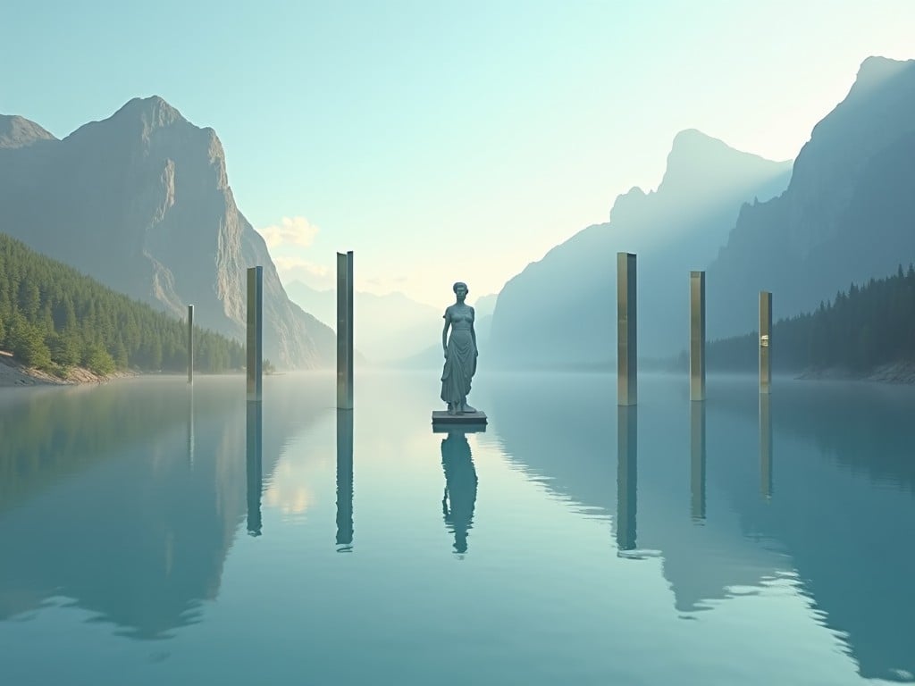 The image showcases a mesmerizing scene of a serene lake surrounded by majestic mountains. In the center stands a classical statue, radiating elegance and history. Tall, golden pillars rise from the water, adding a touch of modernity. The atmosphere is calm and dreamlike, enhanced by soft sunlight filtering through the mist. This combination of elements evokes a sense of contemplation and tranquility.