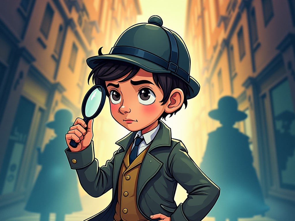 A young boy dressed as a detective stands confidently in a narrow alley. He holds a magnifying glass with a serious look on his face. The background is filled with shadowy figures hinting at a mystery. The lighting creates a warm and inviting atmosphere. This illustration evokes a sense of adventure and intrigue, perfect for a children's story.