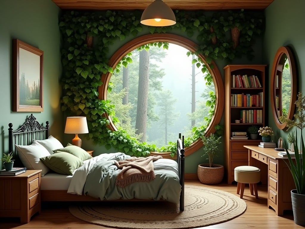 This image presents a serene bedroom design, featuring a cozy bed with soft linens. The room has a unique circular window that showcases lush greenery and trees outside. It incorporates natural materials, emphasizing a connection with nature. Shelves filled with books complement the inviting atmosphere. The overall decor is minimalistic yet warm, creating a tranquil retreat indoors.