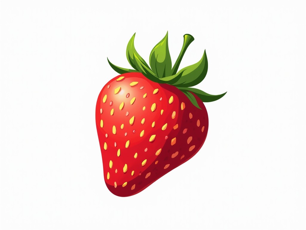 This image showcases a stylized illustration of a strawberry, prominently featuring its vibrant red color with yellow seeds scattered across its surface. The green leaves at the top add contrast and depth to the composition. The illustration uses a smooth, gradient color technique to create a fresh and appealing look, highlighting the fruit's natural beauty and allure.