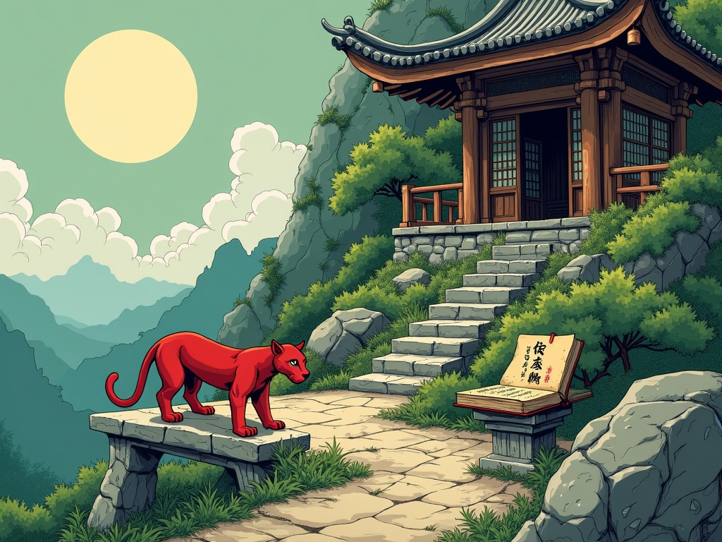 This digital artwork features a serene mountain scene with a traditional Asian temple on a stone stairway. In the foreground, a vivid red panther stands poised on a stone bench. Surrounding the temple, lush greenery and jagged rocks complement the soft, pastel sky with a large, full sun, suggesting a tranquil and mystical setting. A stone bench below holds an open scroll with calligraphy, adding to the atmosphere of ancient wisdom.