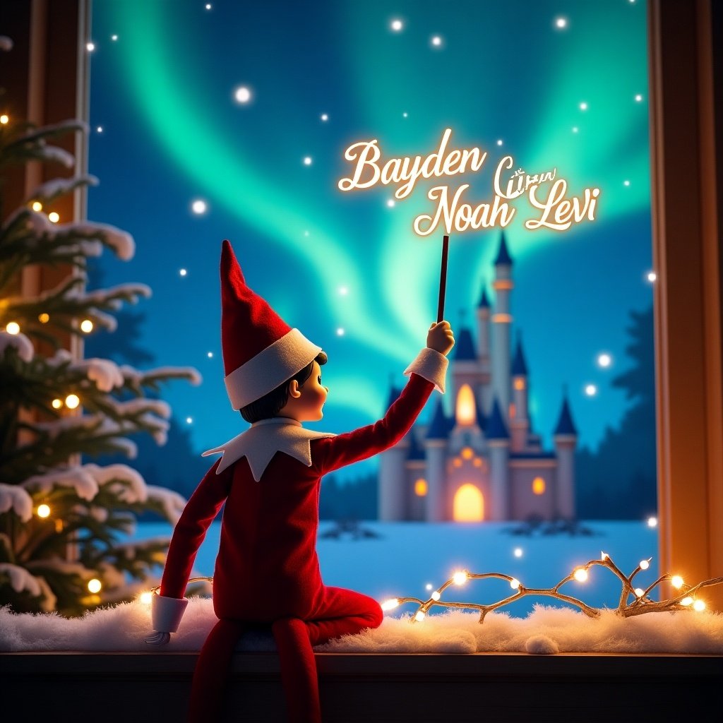 This image depicts a captivating Christmas scene featuring an Elf on the Shelf. The elf is dressed in classic red and white attire. It faces a mesmerizing sky, using a magic wand to inscribe names in sparkling letters. Behind the elf, the breathtaking northern lights flow, enhancing the holiday atmosphere. A beautiful Disney-style castle is visible in the background, completing this enchanting festive scene.