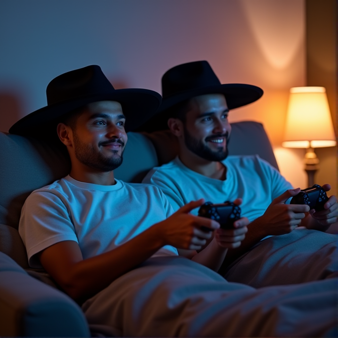 Two individuals wearing wide-brimmed hats play video games on a cozy couch, bathed in warm lamp light.