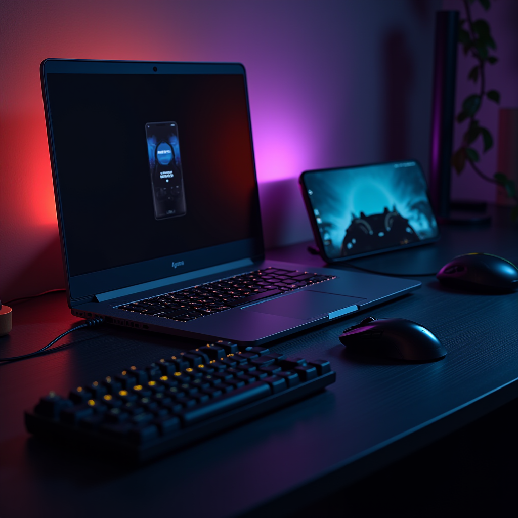 A laptop and tablet setup with ambient colored lights on a dark desk, featuring a backlit keyboard and wireless mouse.