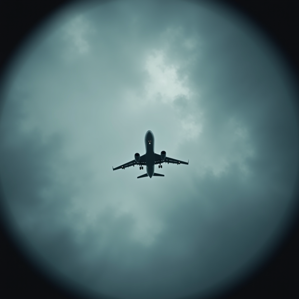 A silhouette of an airplane emerging from ominous clouds.