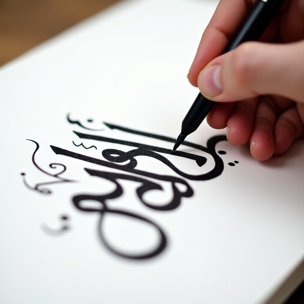 The image shows a close-up of a person's hand elegantly writing Arabic calligraphy. The calligraphy is created with bold black ink on a pristine white surface, enhancing the contrast. The hand is steady and focused on crafting the intricate letters. Surrounding the calligraphy are subtle flourishes and designs that add to the artwork. The lighting is soft, allowing the detailed strokes of the pen to be clearly visible. This scene captures the beauty and precision of Arabic calligraphy as an artistic endeavor.