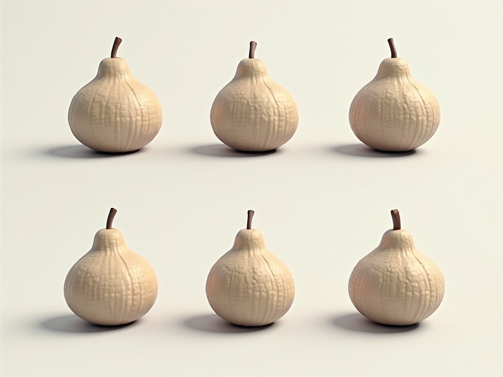 The image showcases six decorative gourds arranged in a neat grid. Each gourd has a smooth, textured surface and a simple, neutral color palette. The gourds are identical in shape but vary slightly in size, reflecting a minimalist aesthetic. Soft, diffused lighting highlights their forms and textures. This arrangement emphasizes simplicity and elegance, making it suitable for home decor themes.