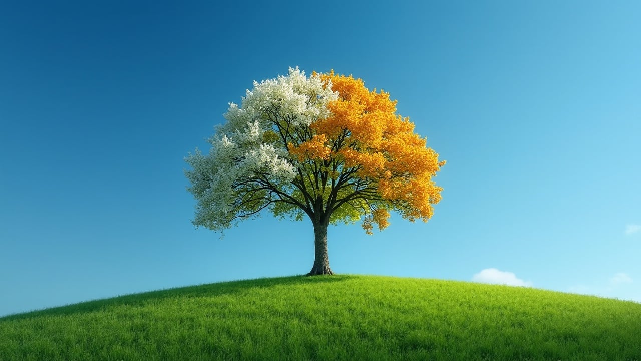 The image showcases a solitary tree standing majestically on a lush green hill under a bright blue sky. The tree is uniquely divided into two contrasting halves: one side is adorned with white blossoms reminiscent of spring, while the other half displays vibrant orange leaves, symbolizing autumn. This striking juxtaposition creates a captivating visual representation of two distinct seasons merging into one.