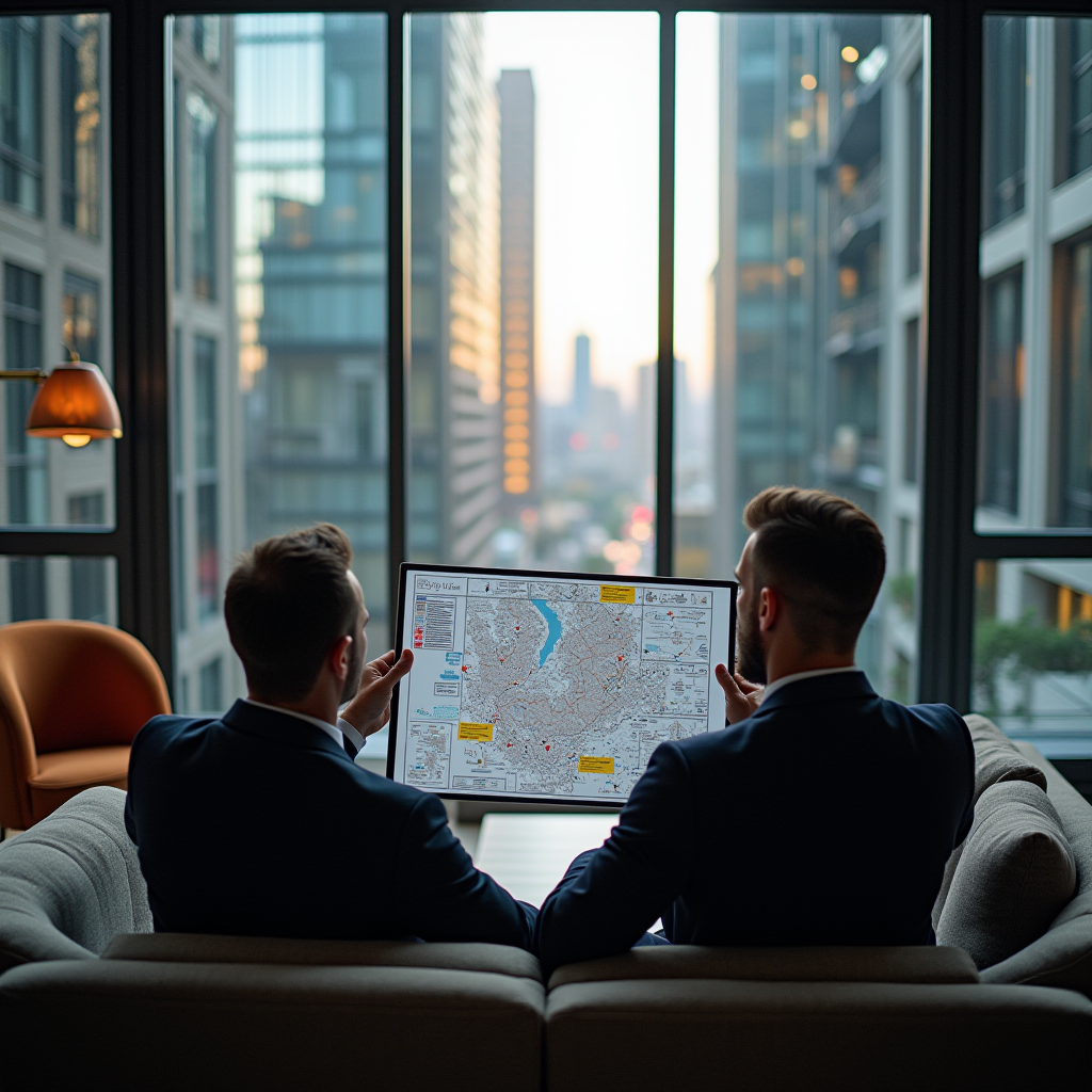 The image features two men in suits sitting on a couch, holding and examining a city map. They are in a modern high-rise building, with large glass windows that offer a view of a bustling urban landscape during sunset. The cityscape includes tall buildings, illuminated by the soft glow of the setting sun, creating a contrast against the interior lighting of the room. The atmosphere suggests a moment of planning or strategizing, possibly related to business or navigation. The scene is elegant and professional, highlighted by the sleek design of the furniture and the warm tones of the lighting.