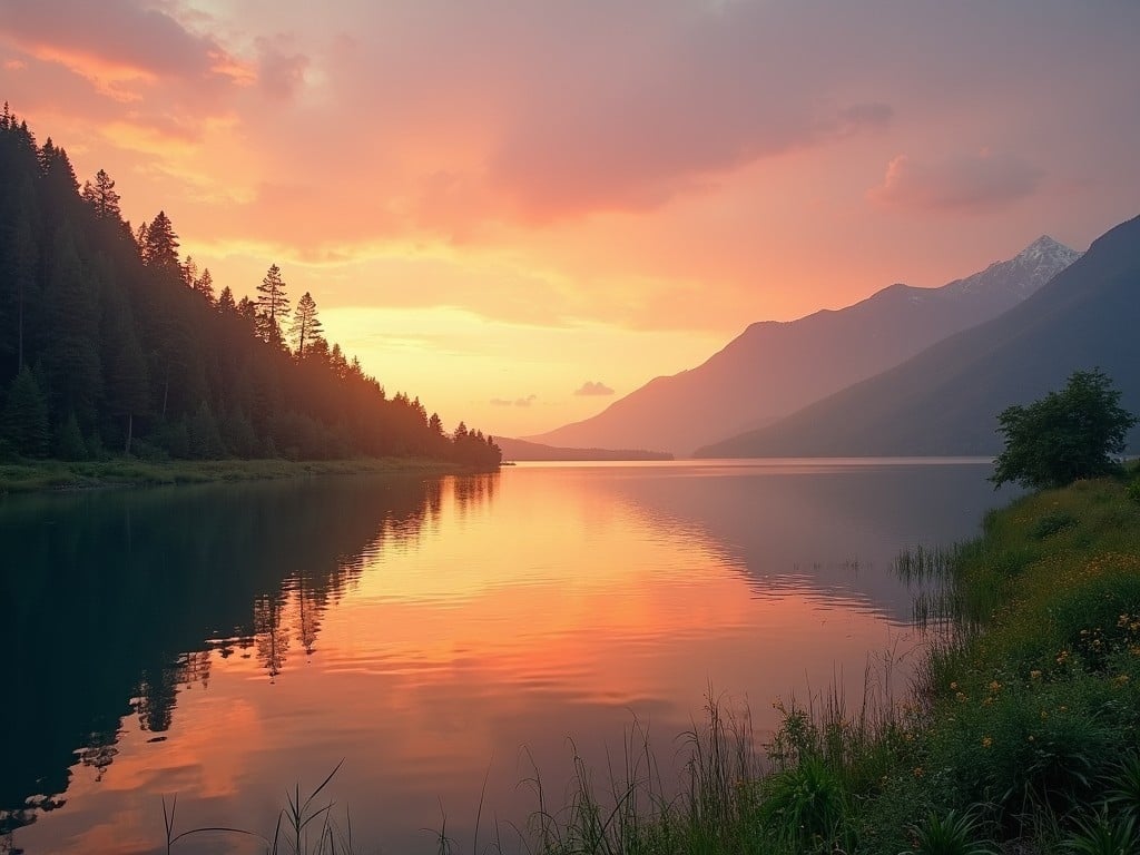 A breathtaking scene of a tranquil lake reflecting the vibrant hues of a sunset. The sky transitions from warm oranges and pinks to calm purples, creating a serene atmosphere. Towering pine trees and a distant snowy peak add depth to the landscape, harmonizing with the peaceful water's edge bordered by reeds.