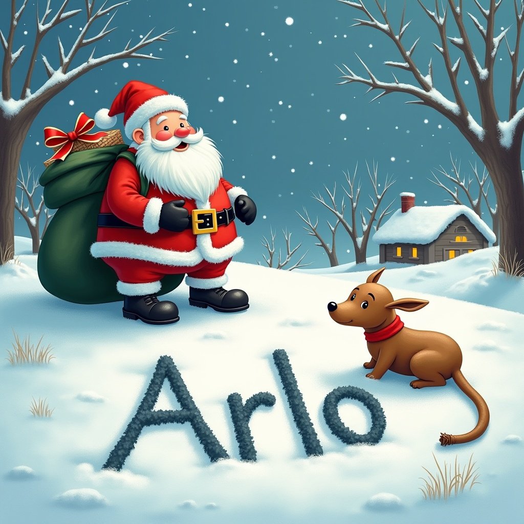 In a winter wonderland, Santa Claus is depicted joyfully writing the name 'Arlo' in the fresh snow. He is wearing his traditional red suit, complete with a belt and black boots. Beside him sits a small brown dog, looking curiously at Santa. The background is filled with snow-covered trees and a cozy house with smoke curling from the chimney. Snowflakes are gently falling from the sky, creating a magical Christmas atmosphere. This scene captures the joy and warmth of the holiday season, perfect for spreading festive cheer.