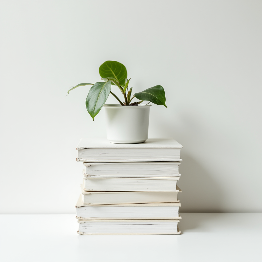 A small potted plant sits gracefully atop a neatly stacked pile of white hardcover books against a minimalist white background.