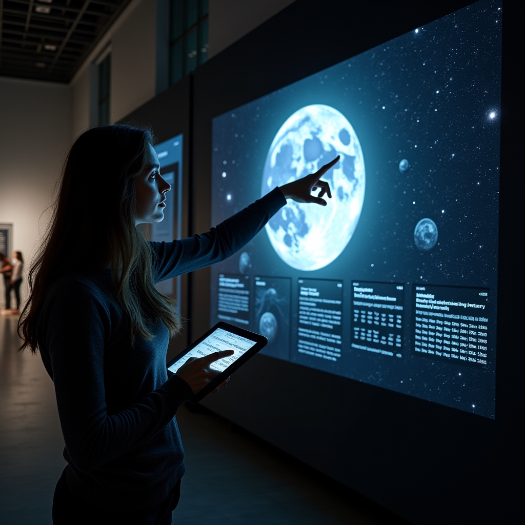 A woman with a tablet interacts with a digital exhibit displaying celestial bodies in a dimly lit science museum.