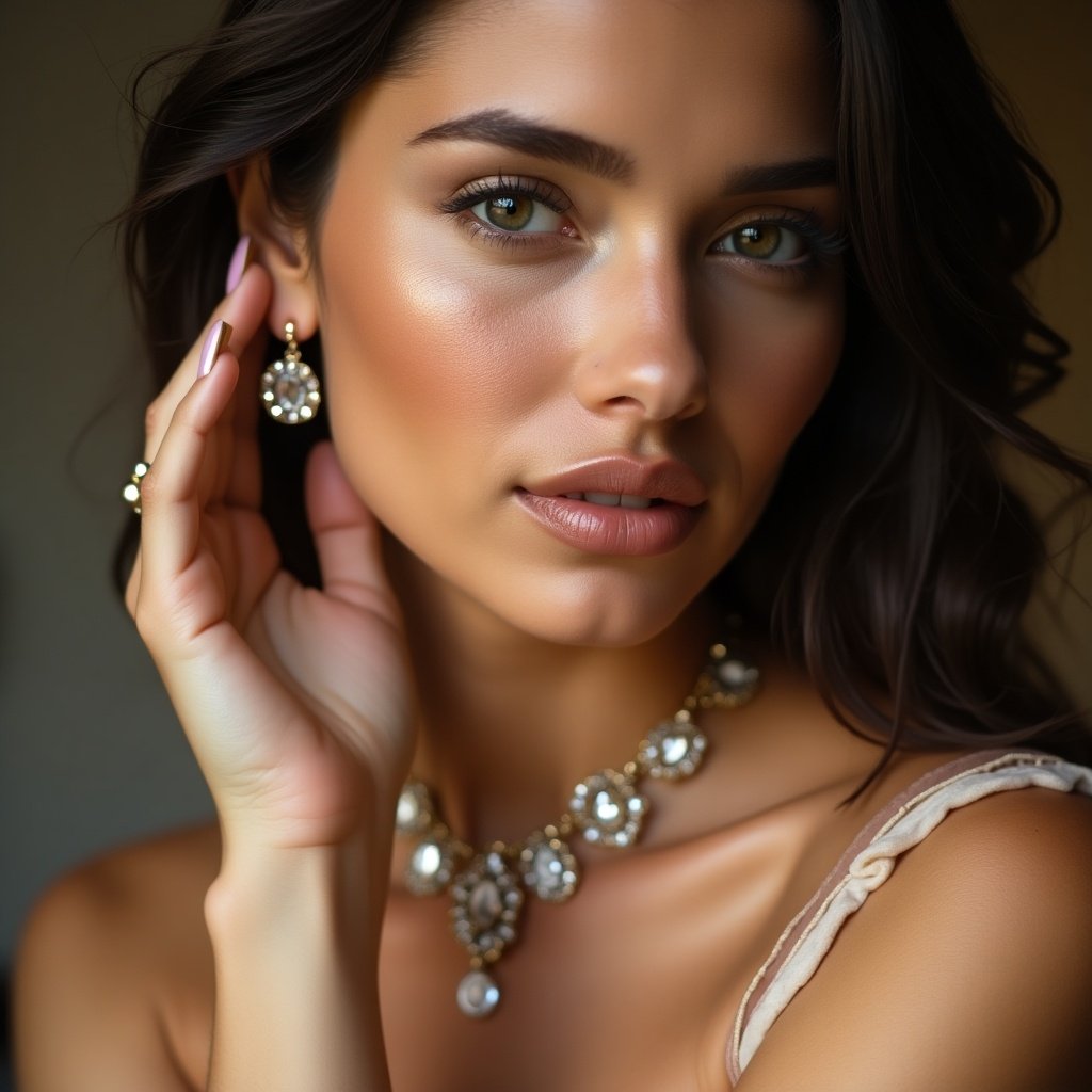 This image features a close-up of a model gracefully posing while wearing beautiful but simple jewelry. The model has long, flowing hair and an elegant expression. She showcases stunning earrings and a necklace that complement her look beautifully. The lighting enhances her skin tone, giving her a radiant glow. This captivating portrait captures the essence of understated elegance and modern fashion.