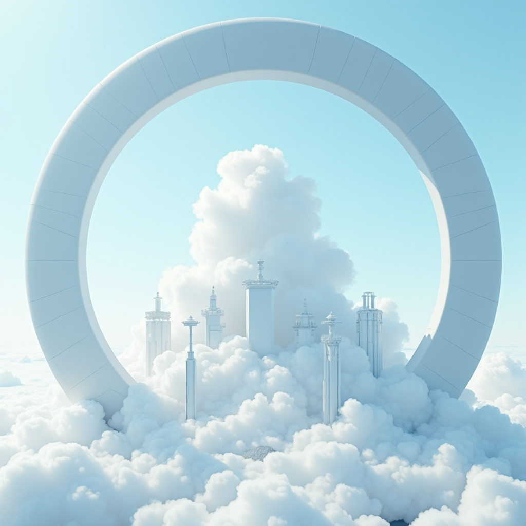 A futuristic cityscape nestled within a giant ring surrounded by fluffy clouds.