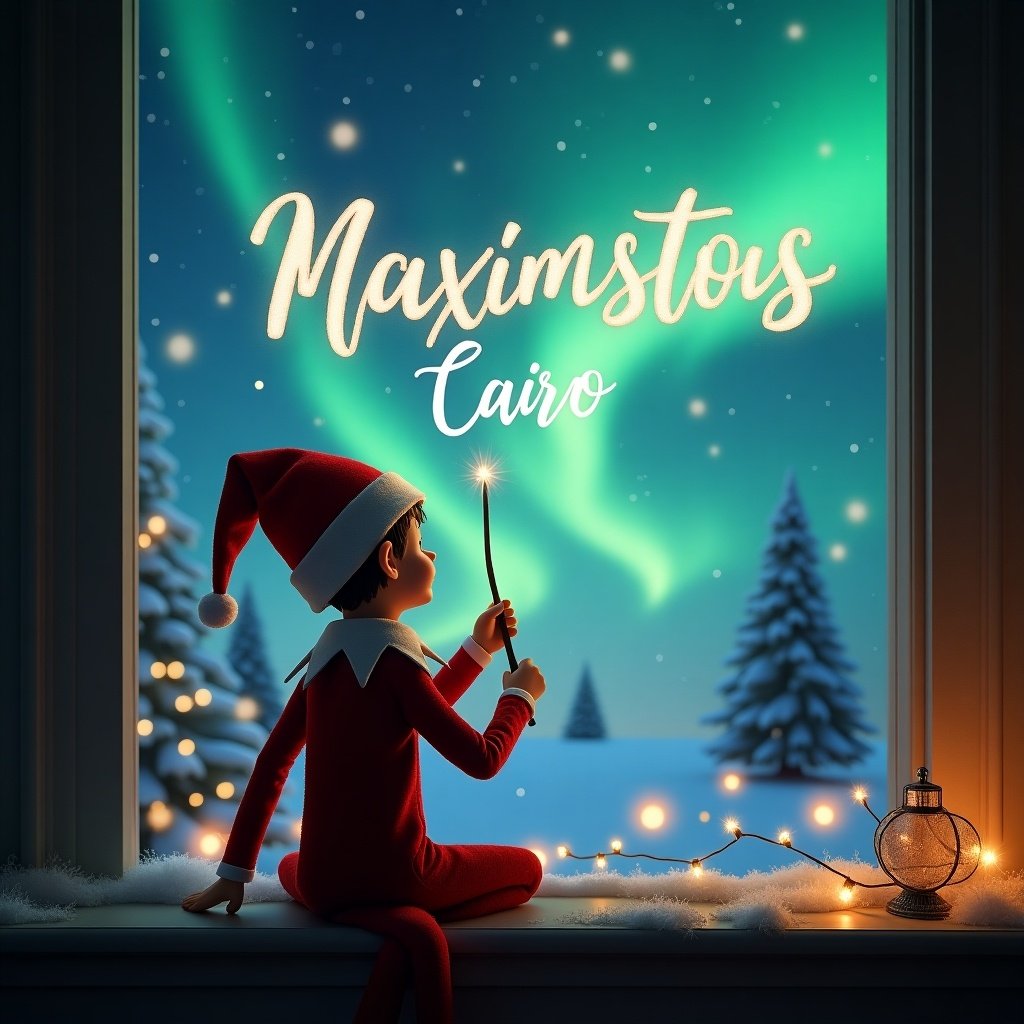 An enchanting Christmas scene featuring an elf on the shelf. The elf is positioned with his back to the viewer, gazing up at the sky. He is holding a magic wand, elegantly writing the names 'Kingston' and 'Cairo' in the air against a backdrop of mesmerizing northern lights. The room is decorated for the holidays, filled with soft, glowing lights and a warm ambiance. Snow-covered trees can be seen outside the window, creating a magical winter wonderland. This scene captures the essence of Christmas and the joy of childlike wonder.