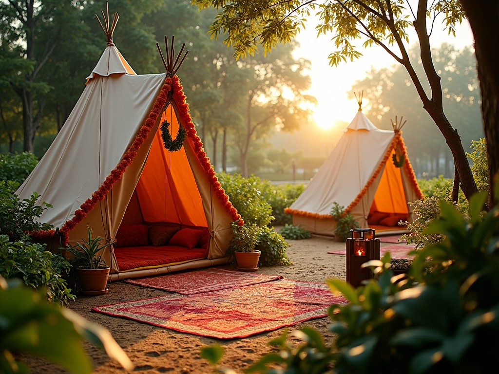 A peaceful early morning scene in a glamping site with two beige-colored teepees decorated with orange garlands, surrounded by lush greenery. The sun is rising in the background, casting a warm golden light over the scene, creating a tranquil atmosphere.