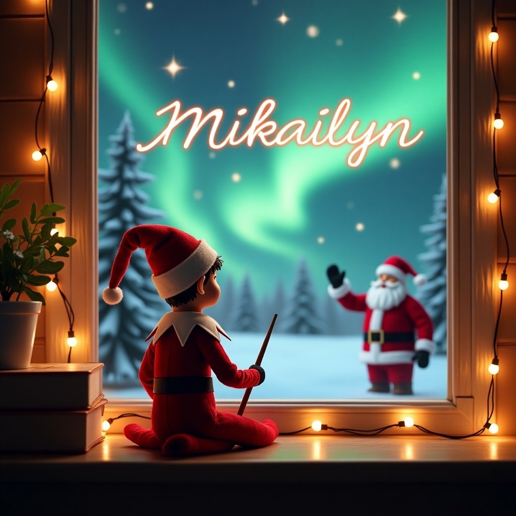 This cozy Christmas scene features an elf on the shelf, sitting with his back to the viewer. He holds a wand and is writing 'Mikailyn' in the magical sky. Outside the window, a beautiful winter landscape is visible, adorned with sparkling northern lights and Santa Claus waving in the background. The warm glow from string lights creates a festive ambiance. The elf is dressed in a traditional red suit and hat, perfectly capturing the holiday spirit. This enchanting moment embodies the wonder and magic of Christmas.